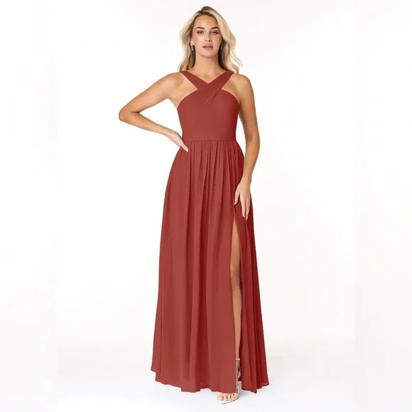 Azazie | Dresses | Azazie Elvira Halter Chiffon Bridesmaid Dress In  Terracotta | Poshmark